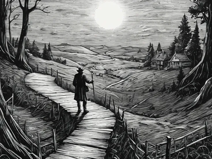Fresh and creative pen strokes,Black and white style. Clear lines. (very detailed 8k wallpapers), detailed book illustrations, stunning detailed pictures, storybook designs, dynamic poses, full screen images, European woodcut style. illustration showing a ...