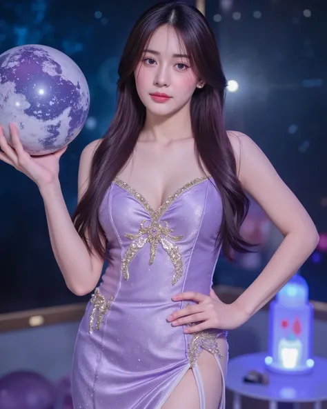 Mid-length portrait of a mesmerizing cosmic enchantress from the starlit realm of Lunareth, a stunningly beautiful woman with shimmering lavender skin, luminous sapphire eyes, and flowing cosmic hair like the night sky, star particles gently floating aroun...