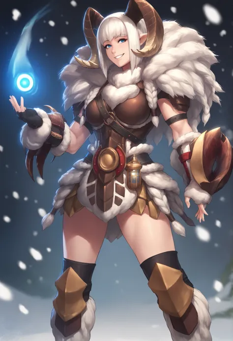 anime art, masterpiece, best quality, girl, woman, highres, 1girl, casual pose, smiling, horns, masterpiece, best quality, amazing quality, very detailed, high details, very detailed skin, high resolution, banbaro, heavy armor, sheep girl, fluffy, female, ...