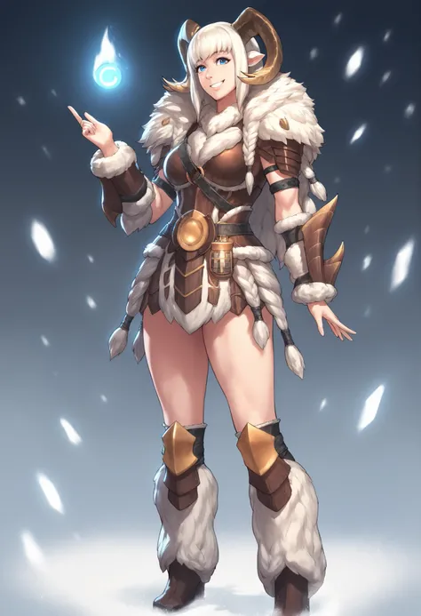 anime art, masterpiece, best quality, girl, woman, highres, 1girl, casual pose, smiling, horns, masterpiece, best quality, amazing quality, very detailed, high details, very detailed skin, high resolution, banbaro, heavy armor, sheep girl, fluffy, female, ...