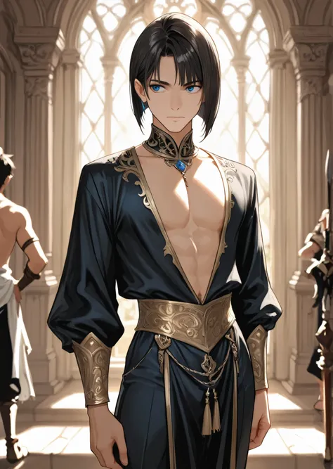 masterpiece, 1 male, 20 years old, fantasy,  neutral, Looking straight ahead, Thin waist, cowboy shot, dark haired, short bob, Rin々Seems, 美Seems, Blue eye, The luxurious clothes of aristocrats