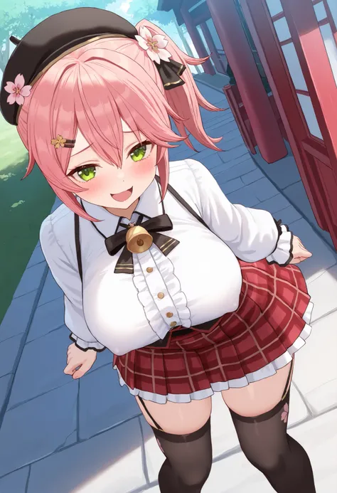  Masterpiece, Highest_ quality, expensive_resolution, Shrine Maiden 2 , ponytail,  1 girl, stupid hair,  black headwear,  Hair Ornament ,  white shirt,  black knee-highs,  pink hair, red_ skirt,  very_short_ skirt, plaid  skirts,  garter_ strap,   collared...