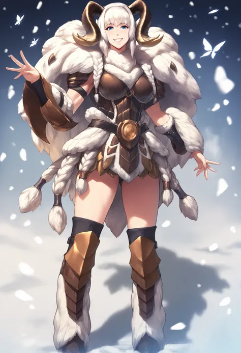 anime art, masterpiece, best quality, girl, woman, highres, 1girl, casual pose, smiling, horns, masterpiece, best quality, amazing quality, very detailed, high details, very detailed skin, high resolution, banbaro, heavy armor, sheep girl, fluffy, female, ...