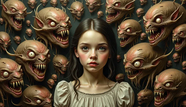 An intricate mixed media artwork depicting a surreal scene of a young woman surrounded by a swarm of malevolent, anthropomorphic creatures, each with distorted features and sharp teeth, portraying the unsettling blend of innocence and horror. In the style ...