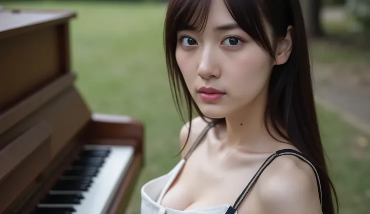 1girl, 20 years old, young girl next to piano, Japanese girl, long dark brown hair, (wearing a tank top with thin straps, plate miniskirt), open button, Button release, take a picture, close-up, natural breasts, skinny, Disconnect.