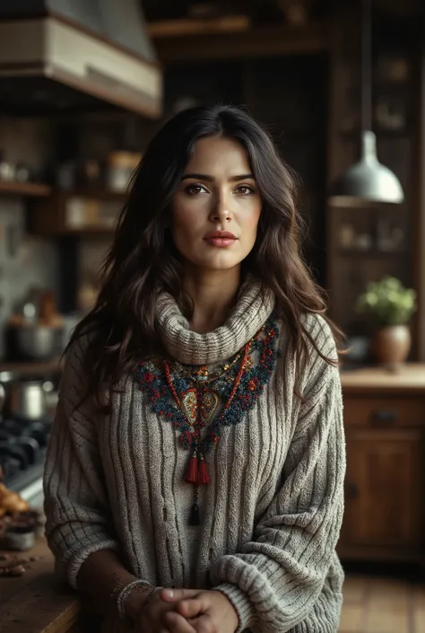 woman wearing a araf sweater, long hair, kitchen 