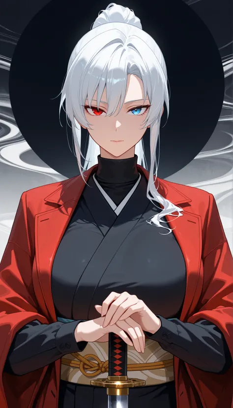 best quality, masterpiece, absurdres, 1girl, solo, heterochromia, red_eye, blue_eye, white_hair, long_sleeves, large_breasts, tall, mature_female, long_hair, red_coat, open_coat, black_kimono, asymmetrical_bangs, tsurime, turtleneck, formal_clothes, ponyta...