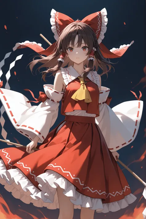 hakurei_reimu,1girl,solo,detached sleeves,hair bow,red bow,ascot,hair tubes,skirt,frills,red skirt,yellow ascot,wide sleeves,standing,frilled bow,red shirt,frilled skirt,ribbon-trimmed sleeves,frilled shirt collar,bare shoulders,red vest,petticoat,nontradi...