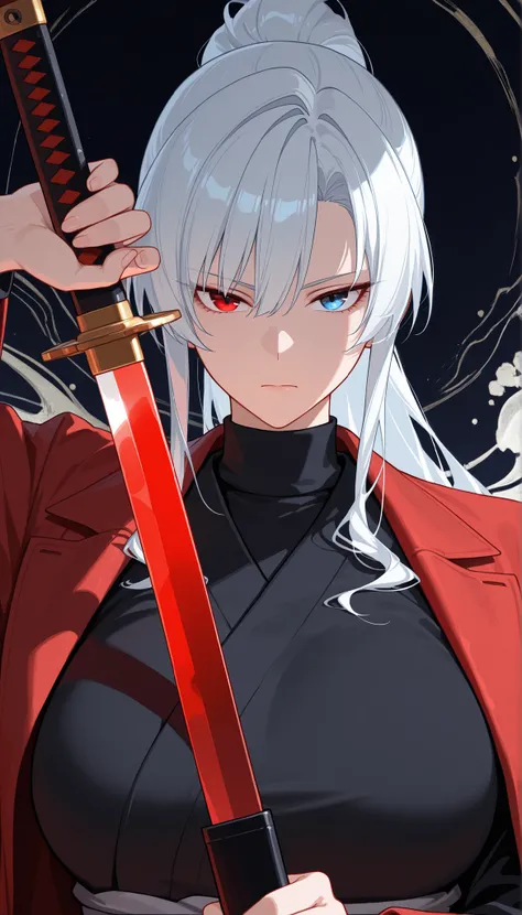 best quality, masterpiece, absurdres, 1girl, solo, heterochromia, red_eye, blue_eye, white_hair, long_sleeves, large_breasts, tall, mature_female, long_hair, red_coat, open_coat, black_kimono, asymmetrical_bangs, tsurime, turtleneck, formal_clothes, ponyta...