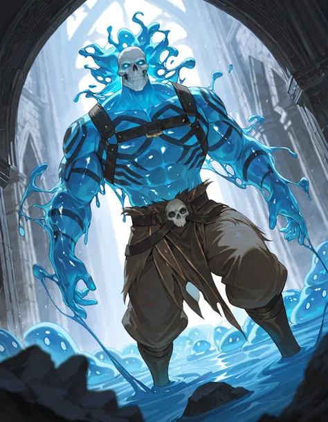 Expressiveh, cold stare, solo male, hungry, score_9, score_8_up, score_7_up, slime short hair, body made of slime, muscular, giant, goliath, slime of a brilliant turquoise blue tone, source_anime, haughty, slime in a form of a man, white shirt, harness, ac...