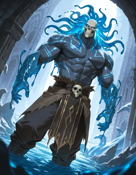 Expressiveh, cold stare, solo male, hungry, score_9, score_8_up, score_7_up, slime short hair, body made of slime, muscular, giant, goliath, slime of a brilliant turquoise blue tone, source_anime, haughty, slime in a form of a man, dark buggy pants, athlet...