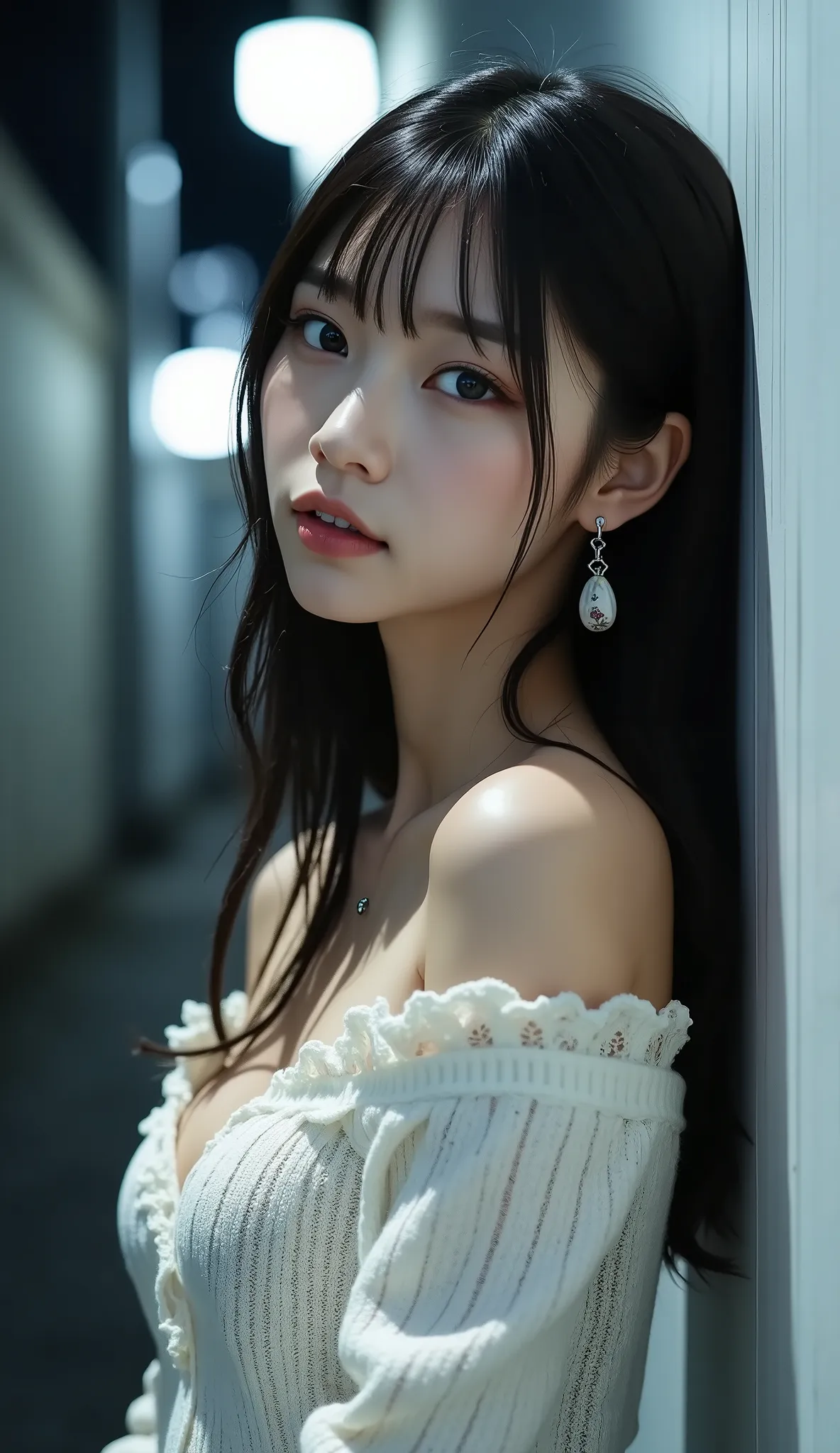 ((Front shot from above chest:1.5))、(petite young Japanese woman traveling)、Back Alley at Night、(standing with full back on a high white wall)、(eyes closed and chin slightly raised)、All of the backgrounds are walls、(kiss face:1.45)、Angle looking down at a ...
