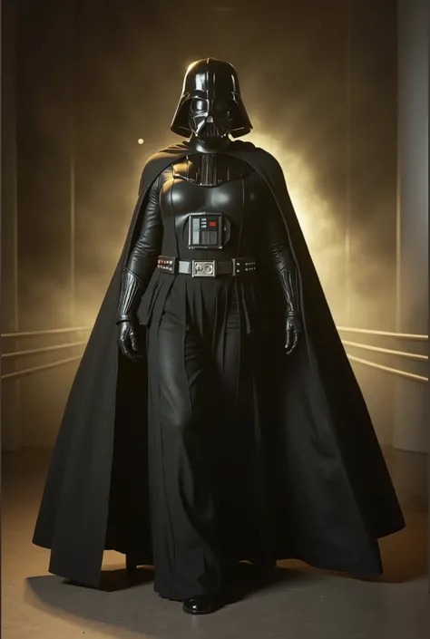 female darth vader, woman with darth vader's iconic full helmet and female full vader suit, cloak, long skirt, middle size breast, dramatic lighting, cinematic scene, best quality, 8K, high resolution, masterpiece, ultra-detailed, realistic, photorealistic...
