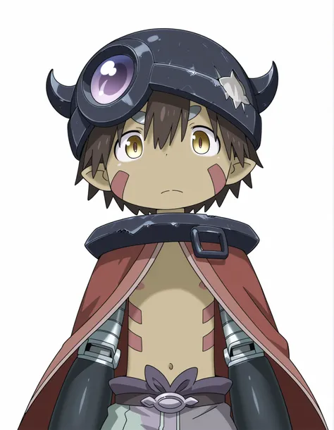miabyss,, made in abyss,, solo, regu \(made in abyss\), dark-skinned male, brown hair, facial marks, pointy ears, mechanical arms, aubade helmet, metal collar, cape, 