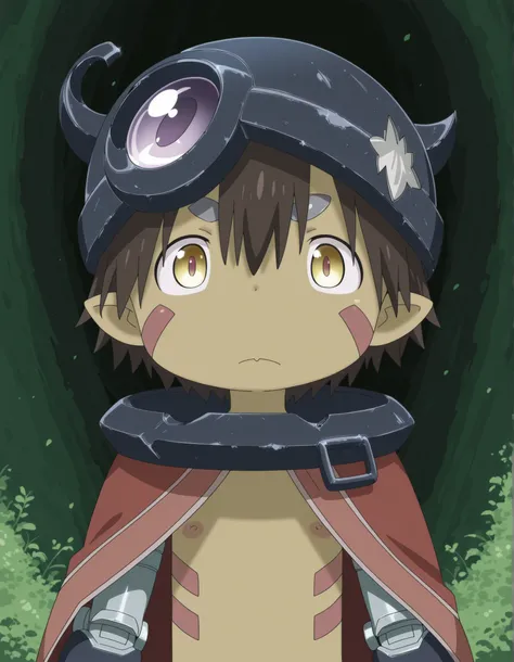 miabyss,, made in abyss,, solo, regu \(made in abyss\), dark-skinned male, brown hair, facial marks, pointy ears, mechanical arms, aubade helmet, metal collar, cape, 