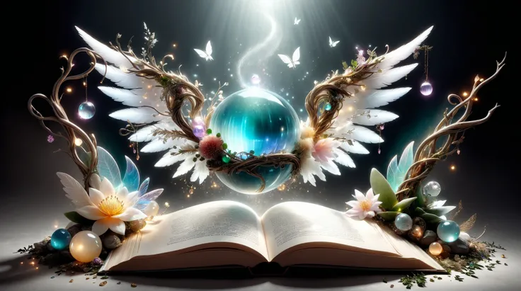 Visuals that look like opening flowers, angel wings, crystal orbs, and magic books。Composition where natural stones float on the page、Light and shadow production reminiscent of the beginning of an adventure fantasy。Atmosphere where spirits and angels seem ...