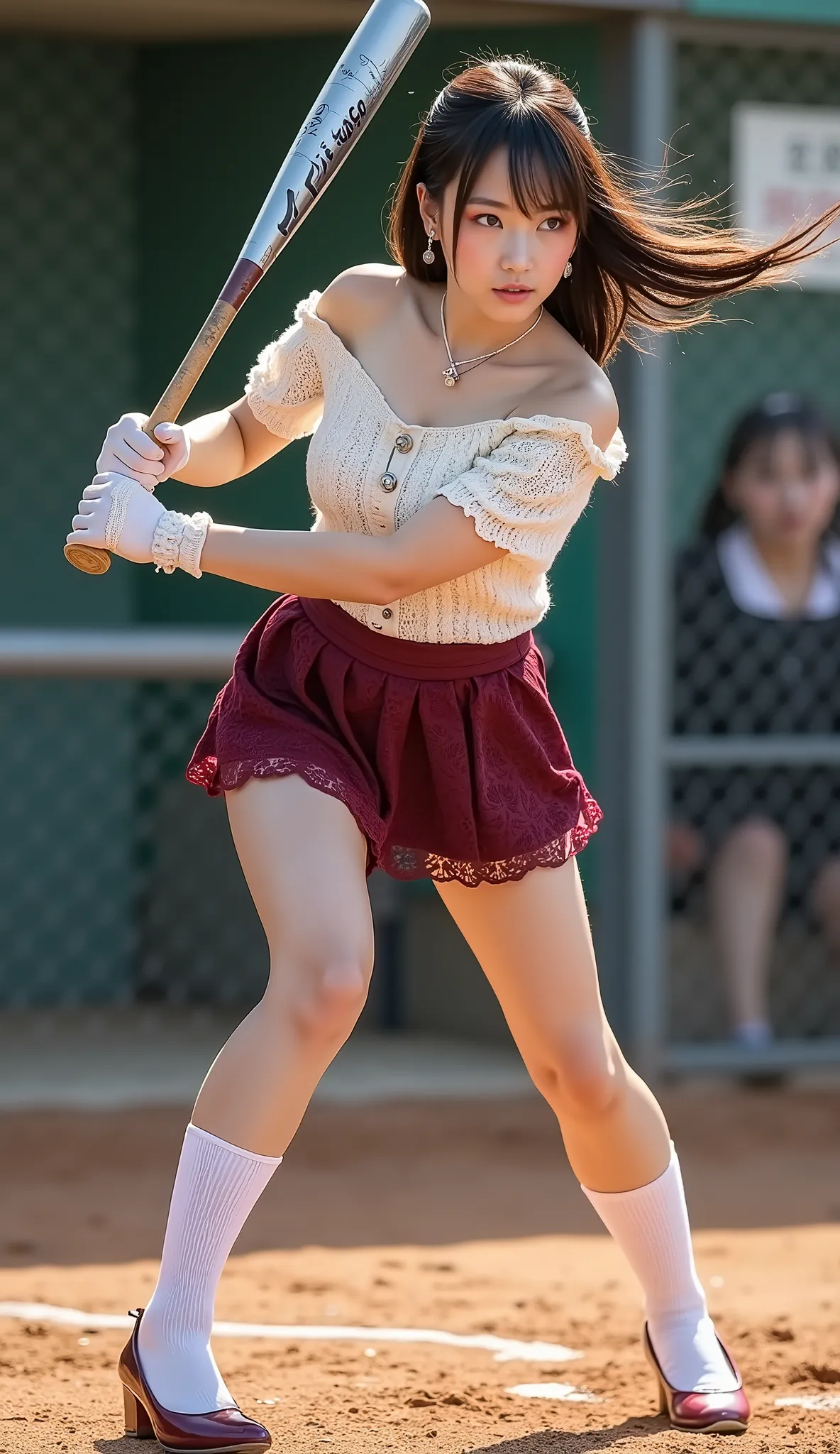 ((Full body shot from behind at an angle:1.5))、(Petite Young Japanese Woman)、Daytime、(standing in the batter box at the batter center)、The moment I'm swinging my bat in the right at-bat、(standing in the batter box and looking in the direction of the pitche...