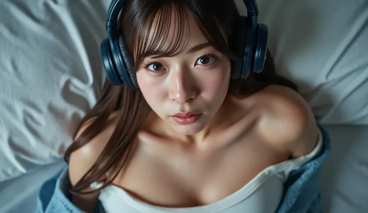 Photoreal, 8k, Soft diffused natural light, 1girl, Japanese, has several long collarbones hanging over her face、long, straight, light chestnut hair, naked body, small breasted, bare breasts. large wireless dark blue headphones are placed around her neck, e...
