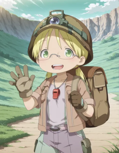 made in abyss,, anime, Perfect Hands, perfecteyes, BREAK
1girl, solo, mabyss, scenery, thirdlayer, riko \(made in abyss\), blonde hair, green eyes, glasses, low twintails, gloves, jacket, short sleeves, :d, open clothes, teeth, pants, bag, open jacket, bac...