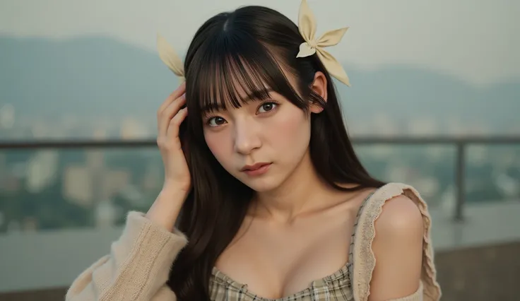 Photoreal, 8k, Soft diffused lighting . long young woman , Softly styled dark brown hair, Flowing Waves, light makeup, naked body, bare breasts, small breasts. The top of her hair is gently pulled back、fastened with 2 small beige thin ribbons near the bac...