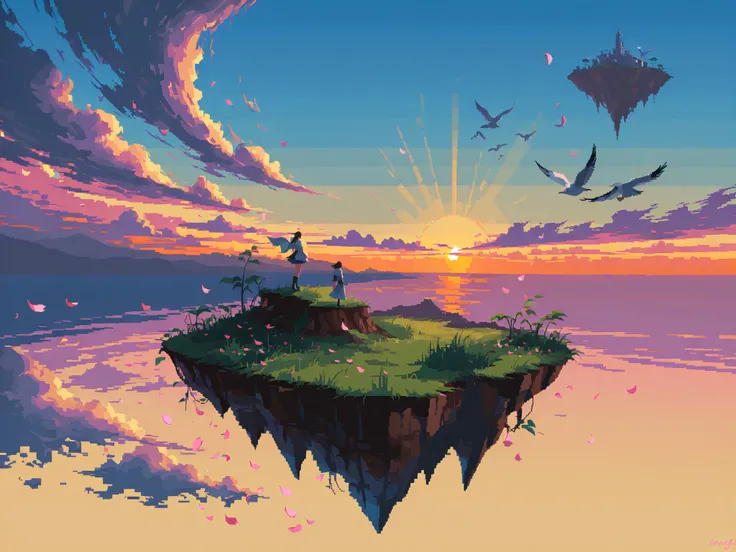wide shot, floating island, an angel, twilight, pixel art, birds, petal, air baloon, fantasy world