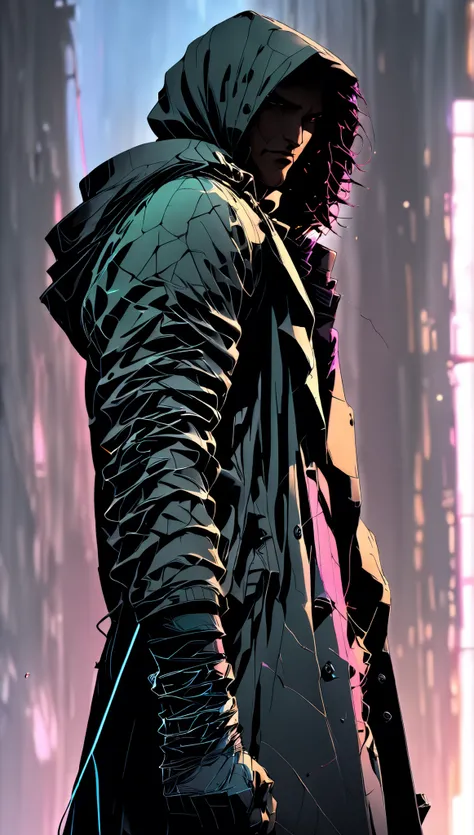 wide and far shot, ((a man in a black hooded trench coat, return to camera:1.5)), standing on rainy street, looking at a futuristic city at night, a dark cityscape with neon lights (Best Quality, 4k, 8k , high resolution, Masterpiece: 1.2), ultra detailed ...