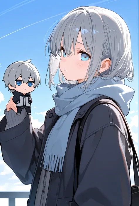 Mini-character with gray hair and sky blue eyes