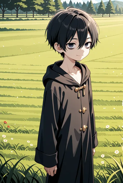 1Boy, black hair, hair between eyes, short hair, bags_under_eyes, skinny, petit, grassland, standing, smile, magician’s robe