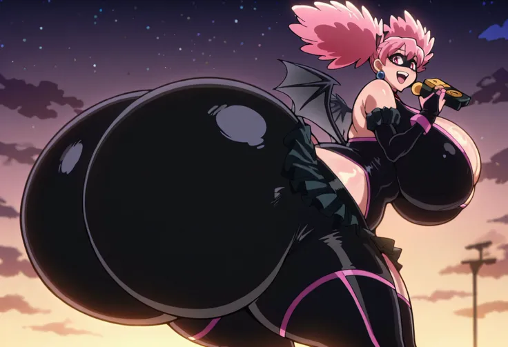 masterpiece, best quality, 4k, upscale, Kazuho, one girl, solo, holding  microphone, pink hair, solo, wings, earrings, jewelry, black mask, twintails, leotard, open mouth, smile, skirt, pink eyes, bridal gauntlets, gloves, (huge breasts: 1.6), (gigantic bu...