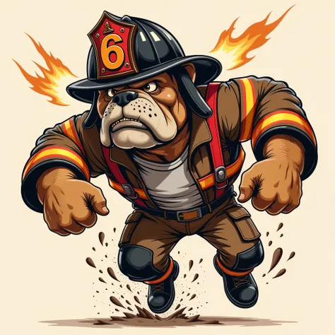 Vector Style , ((comic art)) , (cartoon style) a 5 , "Vector Style , ((comic art)) , (cartoon style) a 5, A flat, cell-shaded vector art logo for a gritty firefighting team featuring a  weathered, rough and tough bulldog with a wide, muscular stance, holdi...