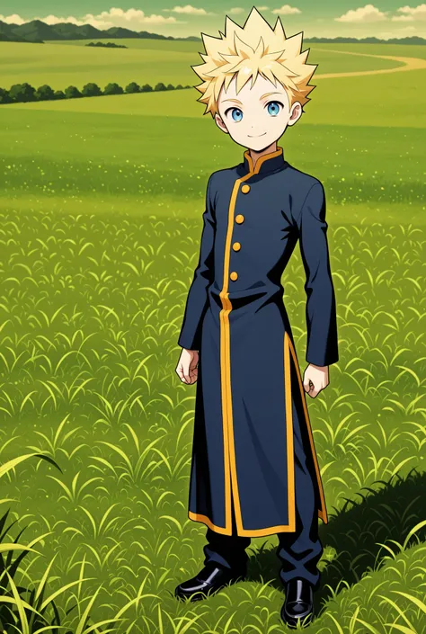 1Boy, pretty face, blonde hair, spiked hair, skinny, petit, smile, grassland, standing, monk uniform 