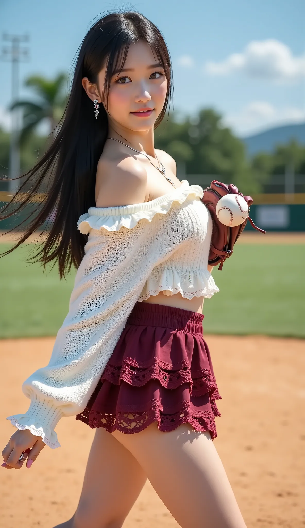 ((Full body shot from the side:1.5))、(Petite Young Japanese Woman)、Daytime、(The pitcher at the batting center)、looks like he's throwing a baseball with a glove on his left hand、Professional pitching foam、Smile Yan、(white off-shoulder knitted sweater with l...