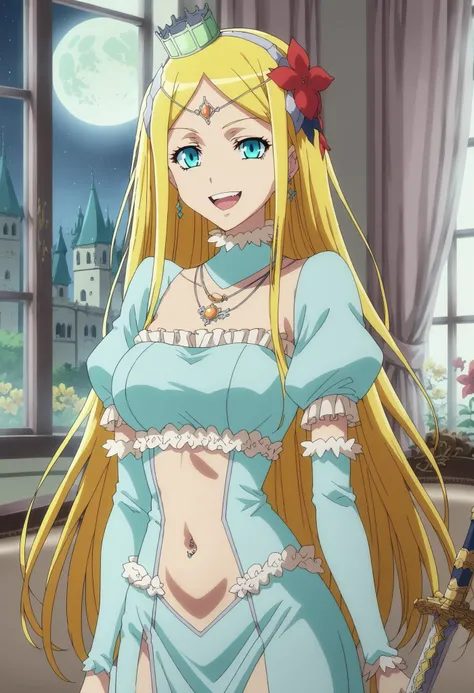 score_9, score_8_up, score_7_up, source_anime,
rennertheierechardelonrylevaiself, 
renner theiere chardelon ryle vaiself, long hair, blue eyes, blonde hair, hair ornament, very long hair, flower, hair flower, smile, evil smile, evil grin,
long sleeves, dre...