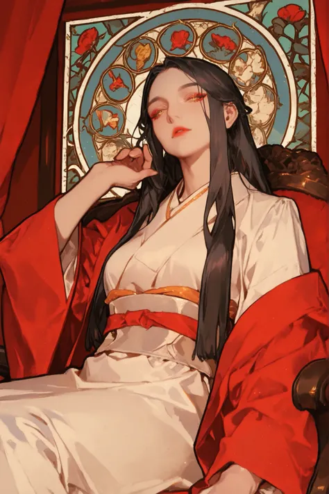 A woman sitting on a chair、Late 20s、dark haired、Beautiful skin、long hair、Golden Eyes、red eyeliner on the outer corner of the eye、face facing the front、look down、kimono-like dresses、Art Nouveau、Alphonse Mucha style、low angle、Alphonse Mucha styleの背景