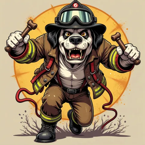 Vector Style , ((comic art)) , (cartoon style) a 5 , "Vector Style , ((comic art)) , (cartoon style) a 5, A flat, cell-shaded vector art logo for a gritty firefighting team featuring a  weathered, rough and tough Dalmatian with a wide, muscular stance, hol...
