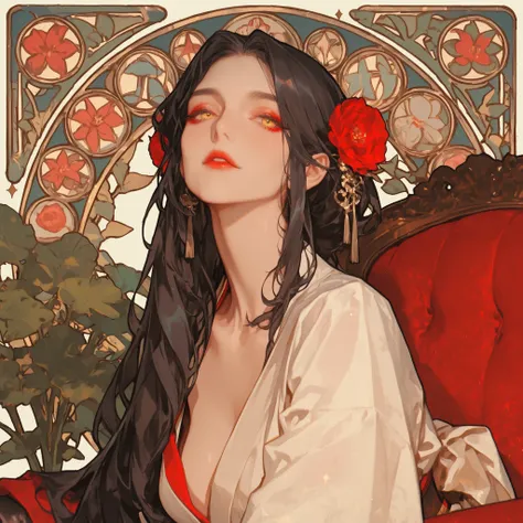 A woman sitting on a chair、The Second Half of the 20th Century、dark haired、long hair、Golden Eyes、red eyeliner、Beautiful skin、kimono-like dresses、Art Nouveau、Alphonse Mucha style
