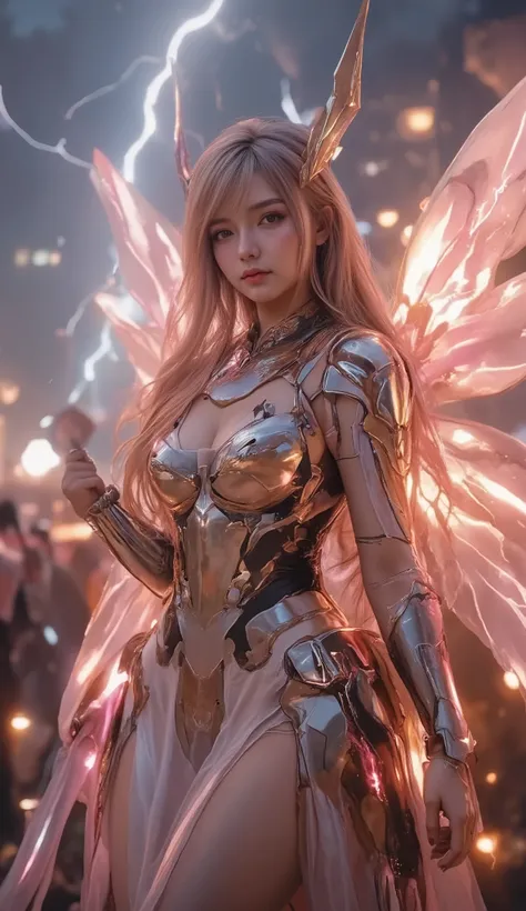 A cinema-style full-body digital photo of a beautiful female Valkyrie with black armor, red and orange , wearing translucent ethereal wings, stands strong on the battlefield under the sky full of thunderclouds. She holds an electric spear, boiling energy,...
