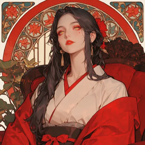 A woman sitting on a chair、young woman、face up、dark haired、long hair、Golden Eyes、red eyeliner on the outer corner of the eye、Beautiful skin、Kimono、Art Nouveau、Alphonse Mucha style