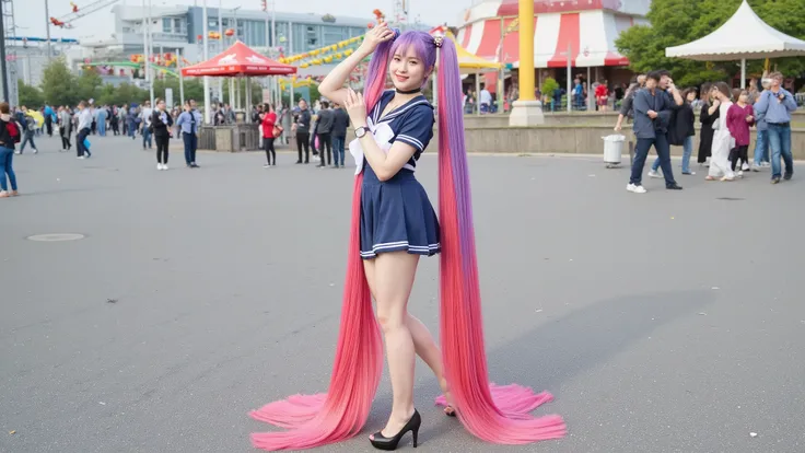 A beautiful 18-year-old Japanese girl, with long pink hair with purple highlights, with extremely long twintails that reach all the way down to the ground.  She is wearing a sailor suit, the skirt of which is flared, a black choker, a thin silver necklace,...
