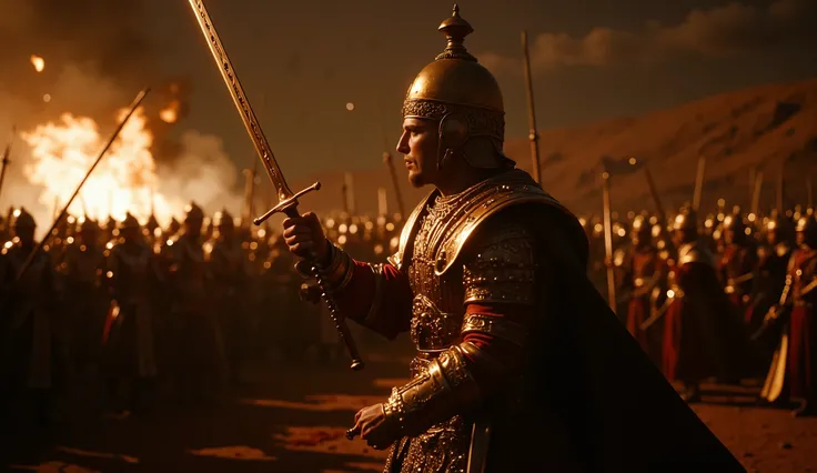 1950s, A dramatic ancient battlefield during twilight, two trusted generals from the same kingdom stand back-to-back slaying enemies, when suddenly one turns and stabs the other — slow motion betrayal, sword piercing armor, shock in the victim’s eyes, fire...
