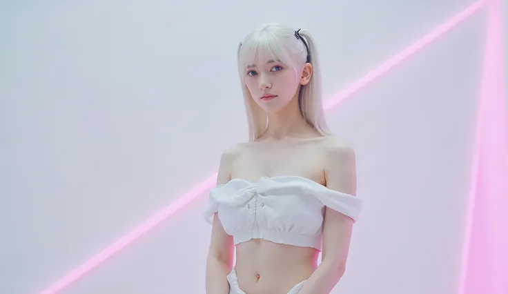 live-action, reality, Elf Girl, (Pure White Skin), (bright blue eyes), Albino Hair, long hair, high ponytail, (nsfw:1.4), (( Hologram of a Depressed Woman )), (big :1.3), (accentuate cleavage:1.3), ((Erected Nipples)), slender body, Abs, curvy body, ((bea...