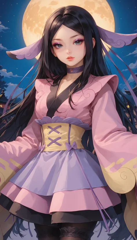 zzValerie, long hair, black hair, big black eyes, highly detailed face, glossy detailed lips, parted bangs, eyeshadow, hair ornament, black pantyhose, choker, dress, furisode, highly detailed clothing, japanese clothes, kimono, long flowing sleeves that co...