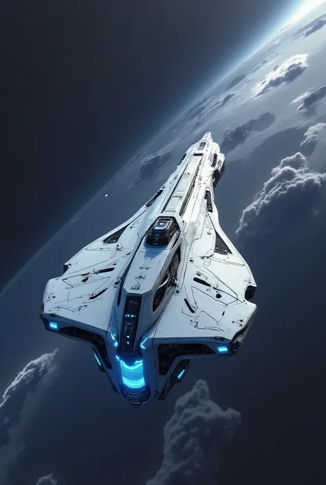 Trimeran spacecraft with outrigger nacelles and centrally located aft ion drives. Central structure is flanked by outrigger nacelles that holds the warp coils at the ship's rear third of the hull. At the rear of the ship are an array of ion drives, one lar...