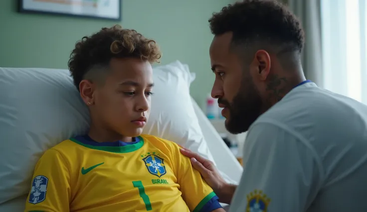 ((RAW Photo), absurd, (absurdresolution)), masterpiece, best quality, (Extremely detailed 8k unity CG wallpaper), (best illustration), (best shadow), Realistic lighting, A sick young boy in a hospital bed holding a brazil soccer jersey in hands, Neymar sit...