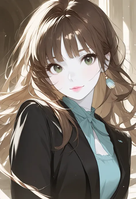 Girl, long straight brown hair, dark green eyes, sharp calm features, white skin, light pink lips, beautiful, perfect, elegant, wearing a blue shirt, black formal jacket, bright and clear colors, high quality resolution.