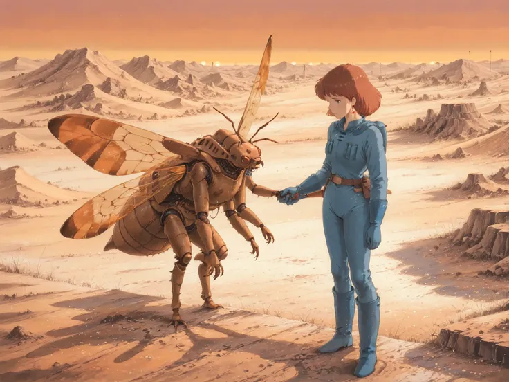 (watercolor, detailed outline),1girl, short brown hair, blue jumpsuit, pilot suit, standing, giant insect, ohmu, nausicaa style, studio ghibli style, miyazaki hayao style, desert landscape, wasteland, sunset sky, orange sky, gradient sky, blue to orange gr...