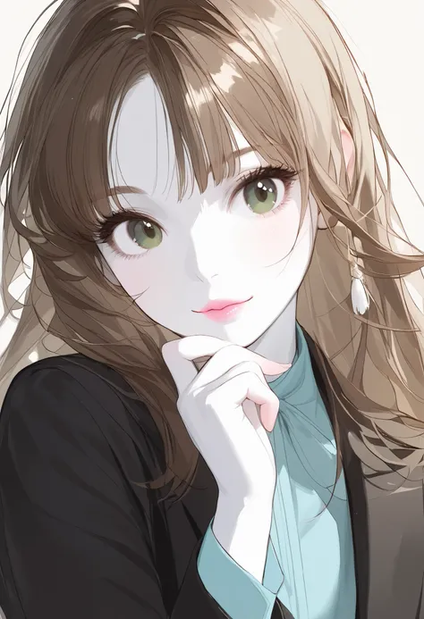 Girl, long straight brown hair, dark green eyes, sharp calm features, white skin, light pink lips, beautiful, perfect, elegant, wearing a blue shirt, black formal jacket, bright and clear colors, high quality resolution.