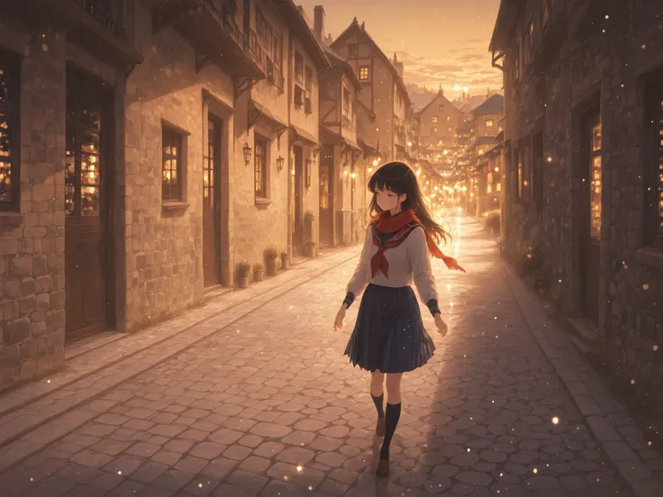 An anime-style illustration of a schoolgirl walking alone along a cobblestone street at sunset. She wears a traditional Japanese sailor uniform with a red scarf and navy blue skirt. The street is lined with quaint, European-style buildings made of stone an...