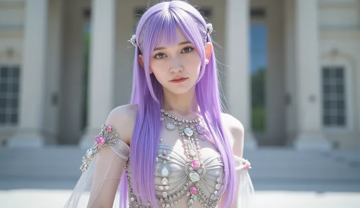 image of a goddess wearing jewels , Long straight light purple hair, Random Hairstyles, sexy sheer dress studded with jewels, Goddess dress with sheer fabric, (( costume adorned with white, pink, and blue jewels )), (big , Disconnect, Erected Nipples, sle...