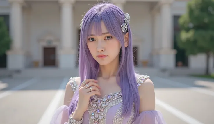 image of a goddess wearing jewels , Long straight light purple hair, Random Hairstyles, sexy sheer dress studded with jewels, Goddess dress with sheer fabric, (( costume adorned with white, pink, and blue jewels )), (big , Disconnect, Erected Nipples, sle...